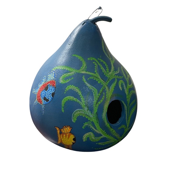 Hand crafted painted blue FISH  bird house blue dry gourd multicolored dotted - Picture 3 of 14